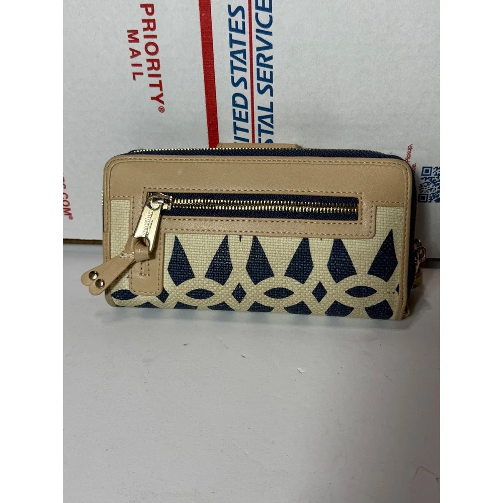 Spartina 449 Daufuskie Island Anchor Linen Leather Continental Wallet Navy Tan